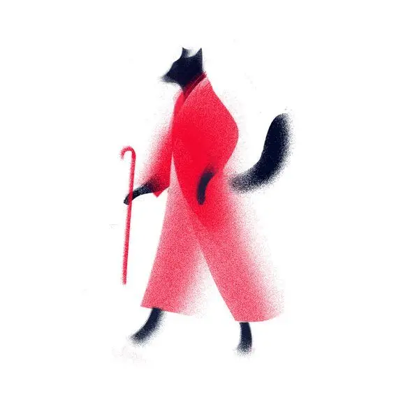 Anthropomorphic Black Cat in Red Coat with Cane — Stipple Airbrush Illustration