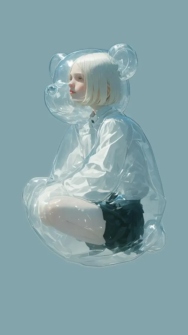 Transparent Teddy-Bubble — Blonde Figure in Inflatable Bear Suit