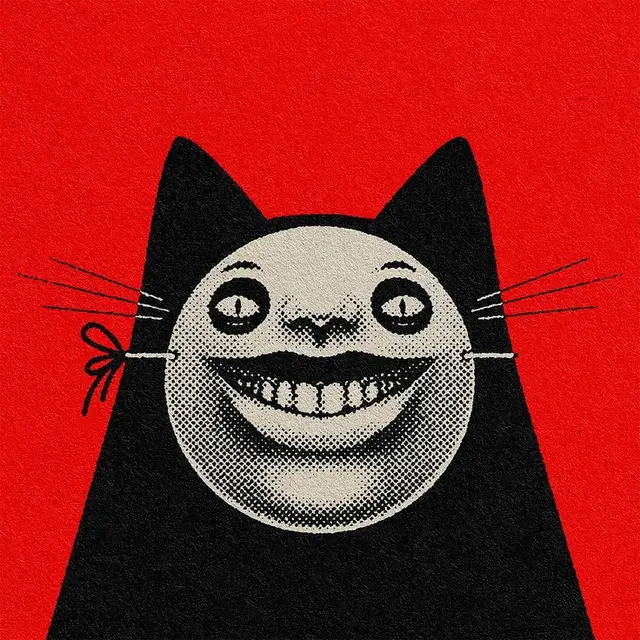 Black Cat Silhouette with Halftone Smiling Moon Face on Red Poster
