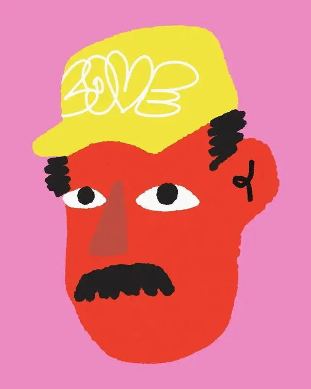 Flat‑color portrait with yellow 'LOVE' cap
