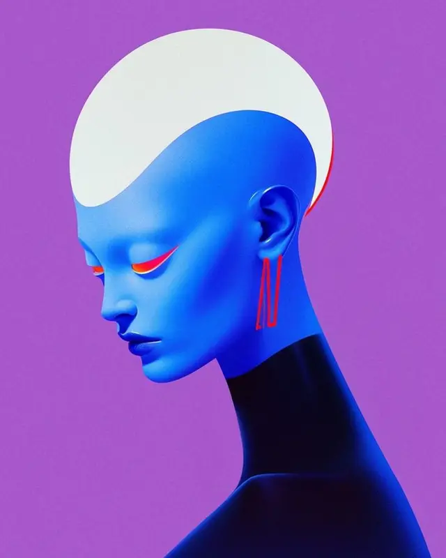 Futuristic Blue Portrait with White Helmet Hair and Neon Orange Accents