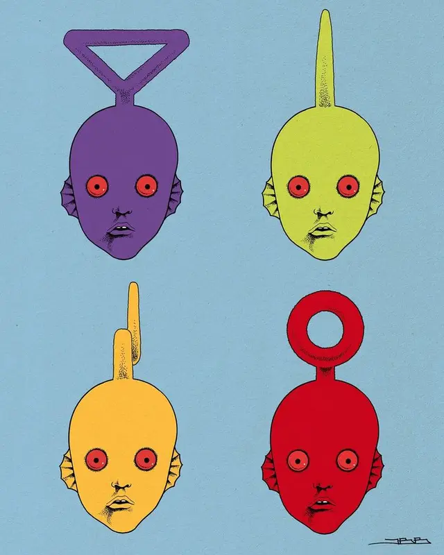 Pop‑art study: four surreal heads with top handles on light blue