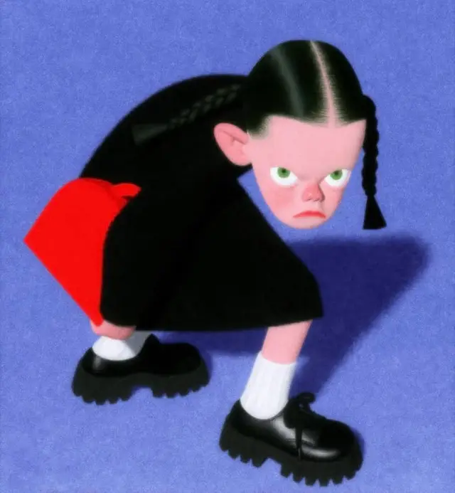 Crouching girl in black dress with braids holding a red book — stylized digital portrait