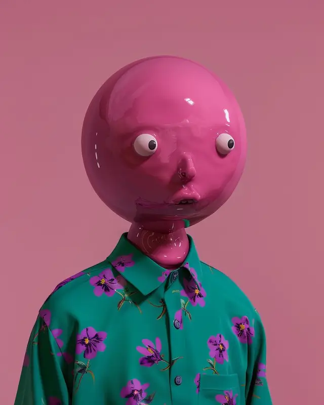 Glossy Bubble-Head Character in Teal Floral Shirt (3D Render)