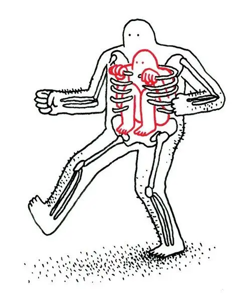 Two-color ink illustration: walking humanoid with red inner figure