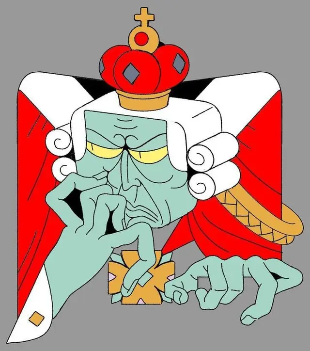 Cartoon crowned aristocrat in powdered wig and red cape