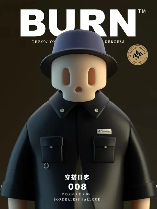 BURN magazine-style cover — 3D skull character in Columbia shirt (Issue 008)