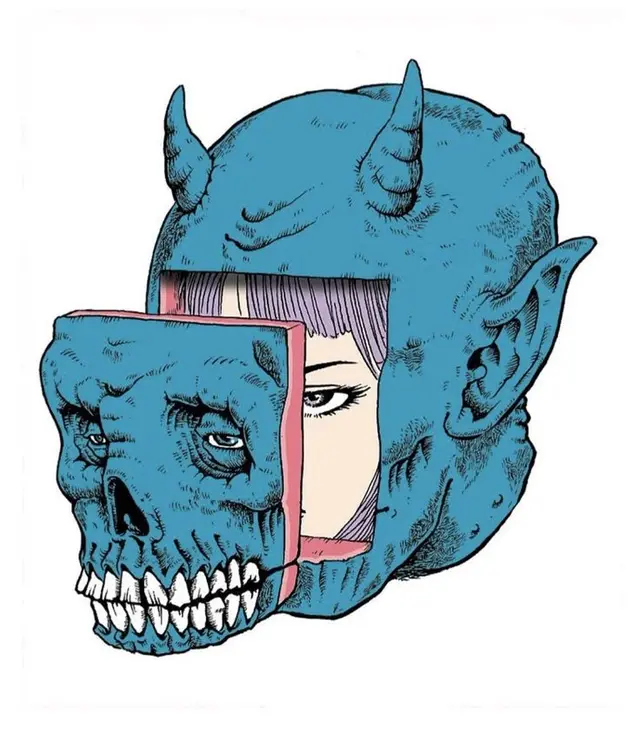 Turquoise Demon Skull Mask Opening to Reveal Woman's Face — Surreal Illustration