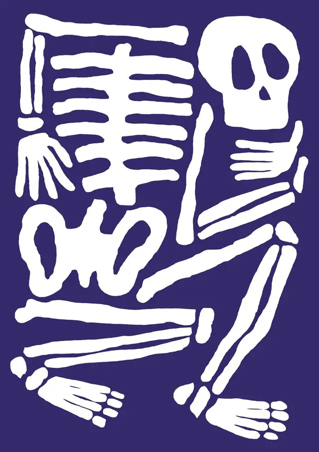 White Cutout Skeleton Parts on Deep Purple Background