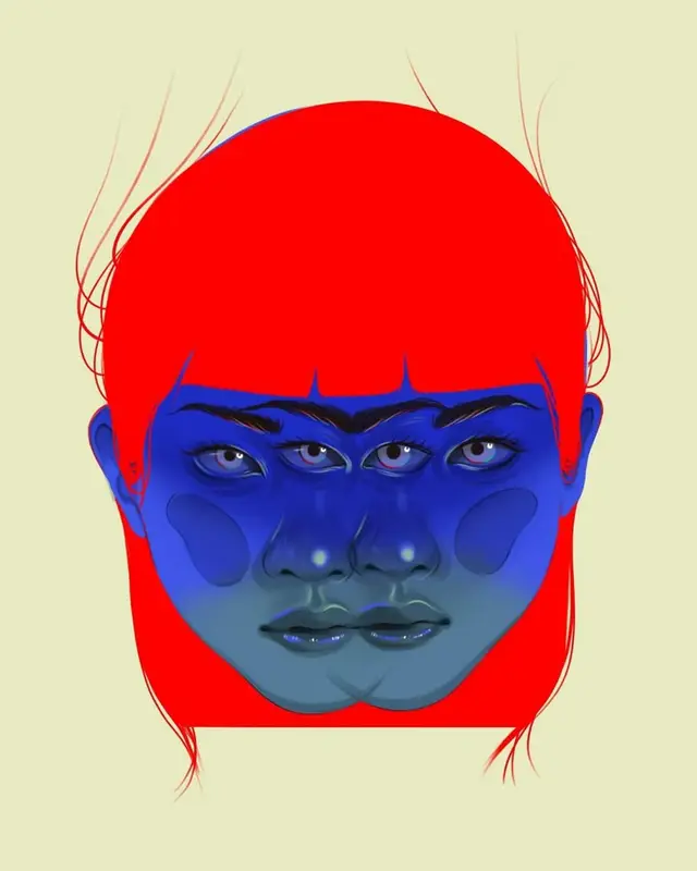 Surreal double-faced portrait with red hair and blue skin
