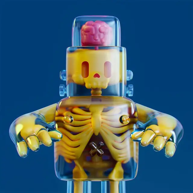 Translucent vinyl collectible with exposed yellow skeleton and pink brain dome