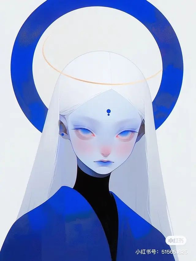 Cobalt Halo Portrait — Veiled White‑Haired Figure