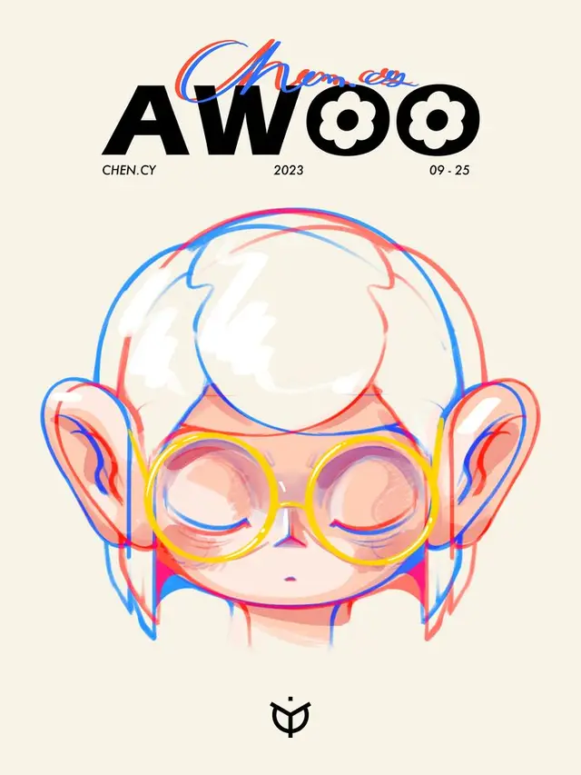 AWOO poster — white-haired character with yellow round glasses (2023)
