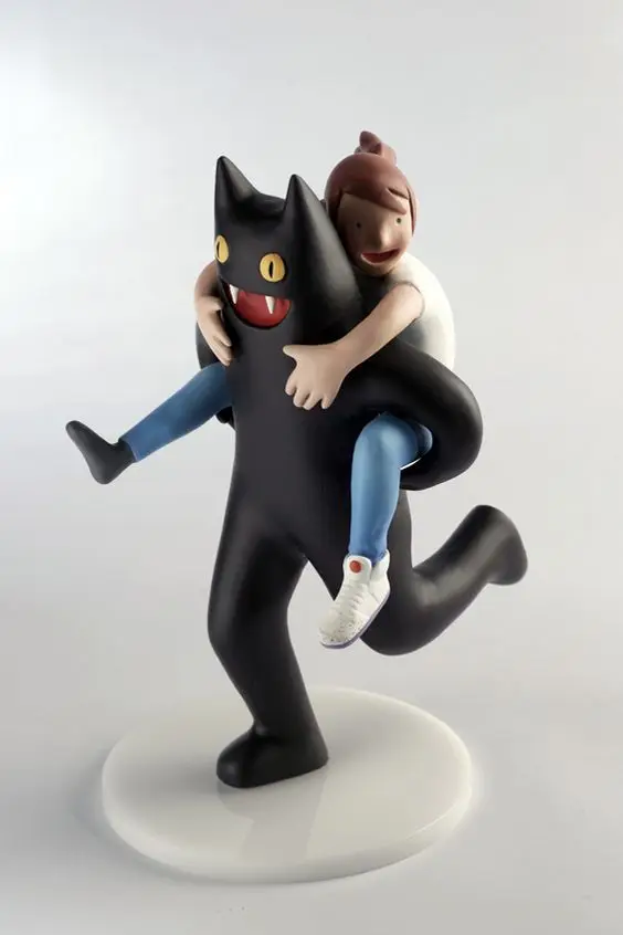 Black Cat Piggyback Figurine — Girl-on-Shoulders Resin Sculpture