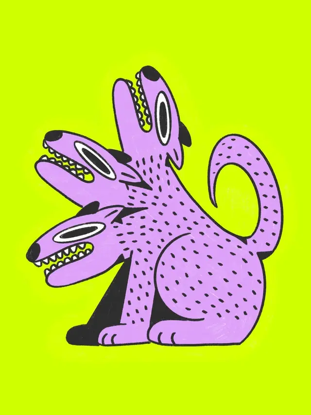 Three‑Headed Purple Dog Illustration on Neon Lime Background