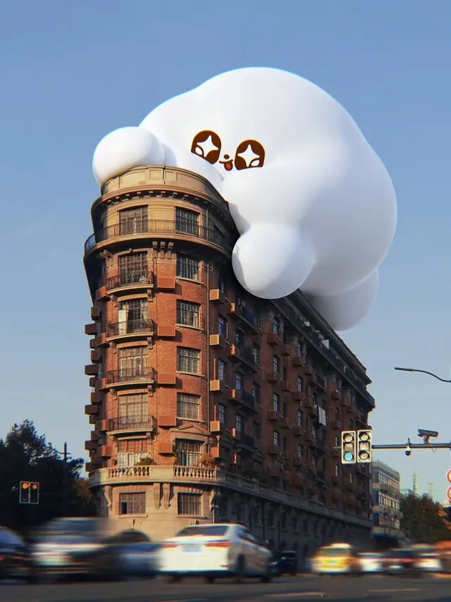 Giant kawaii cloud hugging red-brick flatiron building