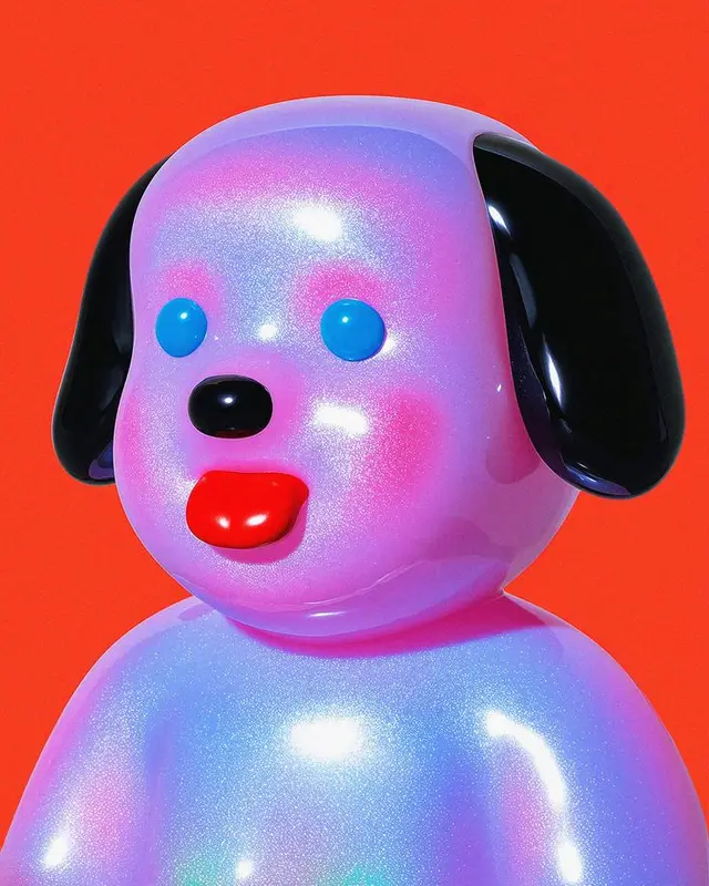Pearlescent Pink Vinyl Dog Toy with Red Tongue on Red Background