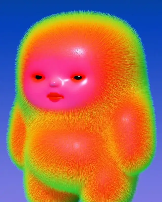 Neon Fuzzy Doll — 3D digital plush with glossy pink face