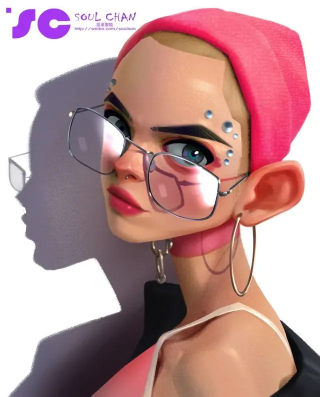 Stylized 3D Portrait — Pink Beanie & Mirrored Aviator Glasses (Soul Chan)