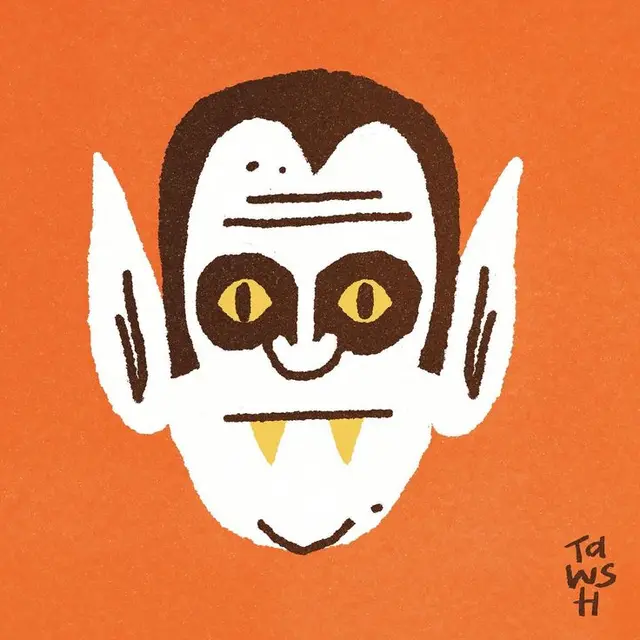 Retro orange vampire head illustration, signed "Td WSH"