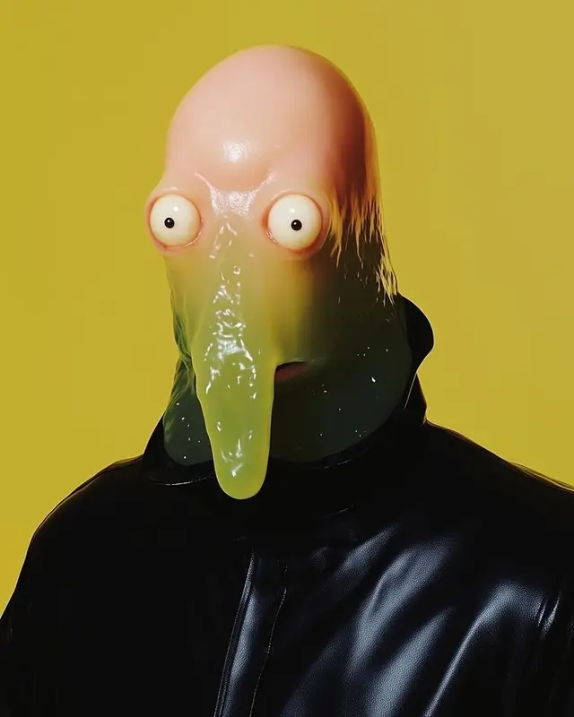 Surreal 3D Creature Portrait — Glossy Droplet Nose, Black Latex Coat