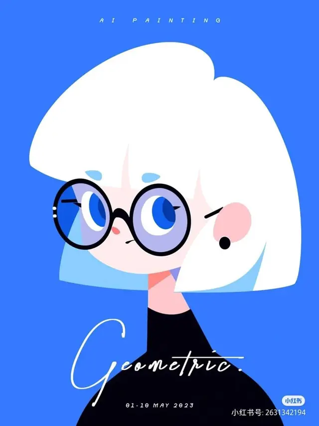 Geometric — AI Painting poster: white-haired girl with round glasses