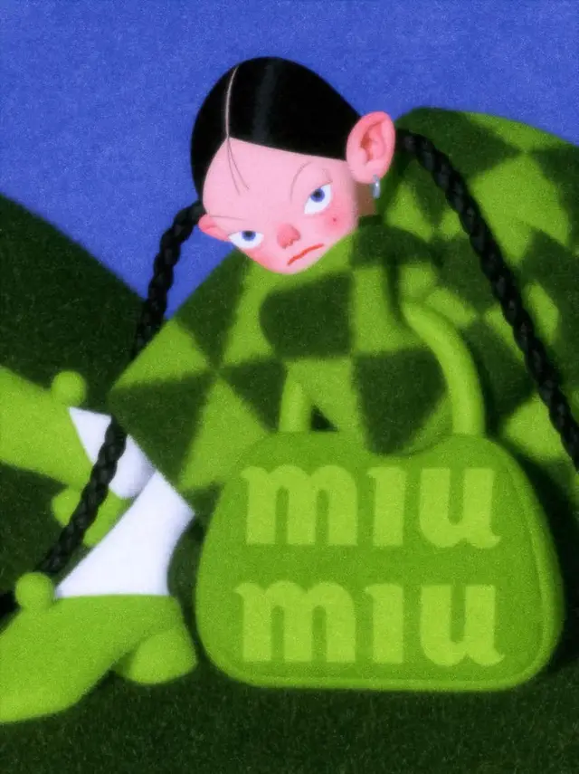 Green Miu Miu handbag and checkerboard coat — stylized fashion illustration