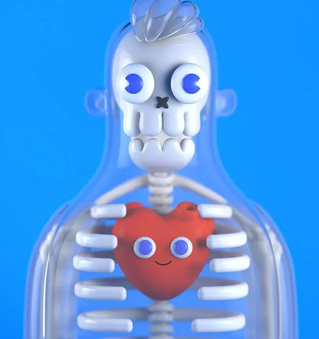Glossy transparent figure with smiling red heart — 3D toy-style render