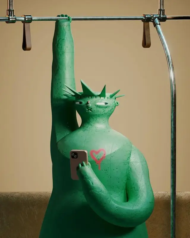 Crown-wearing green sculpture taking a selfie on subway pole