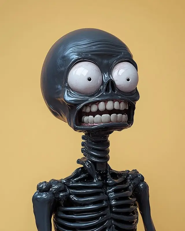 Glossy black stylized skeleton bust with bulging white eyes on mustard backdrop