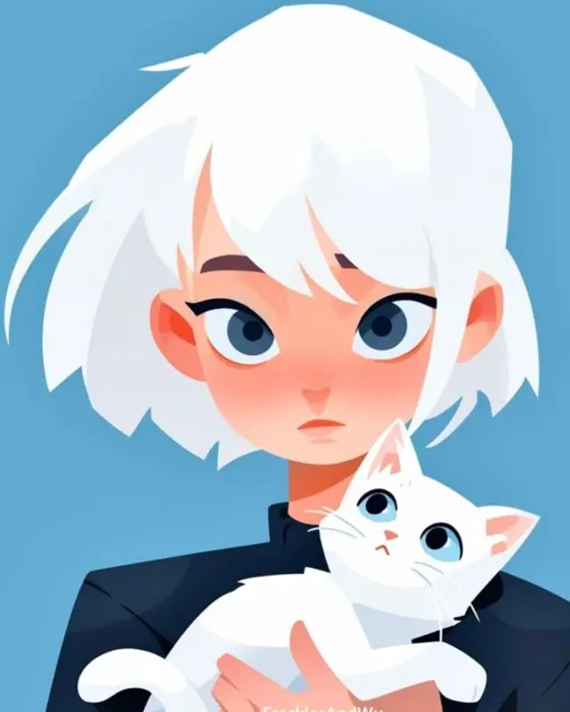 White-haired girl holding a white cat — stylized digital portrait