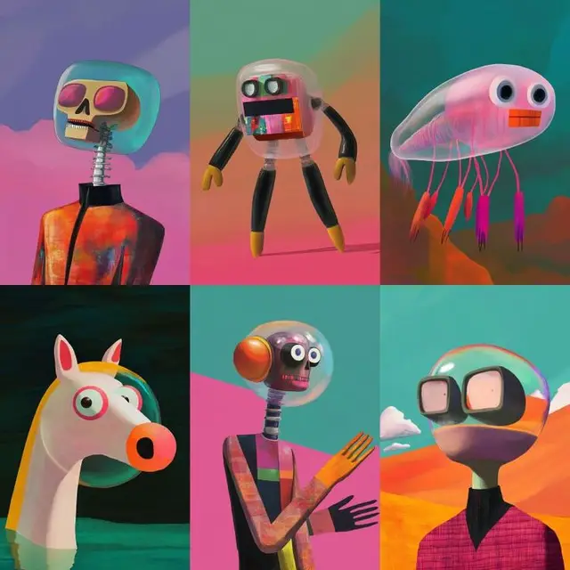Six-panel grid of bubble-helmeted character illustrations