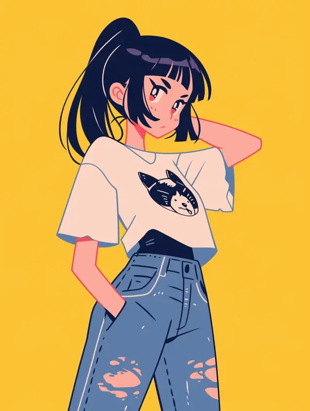 Anime-style girl in cropped fish/whale graphic tee and ripped high-waist jeans
