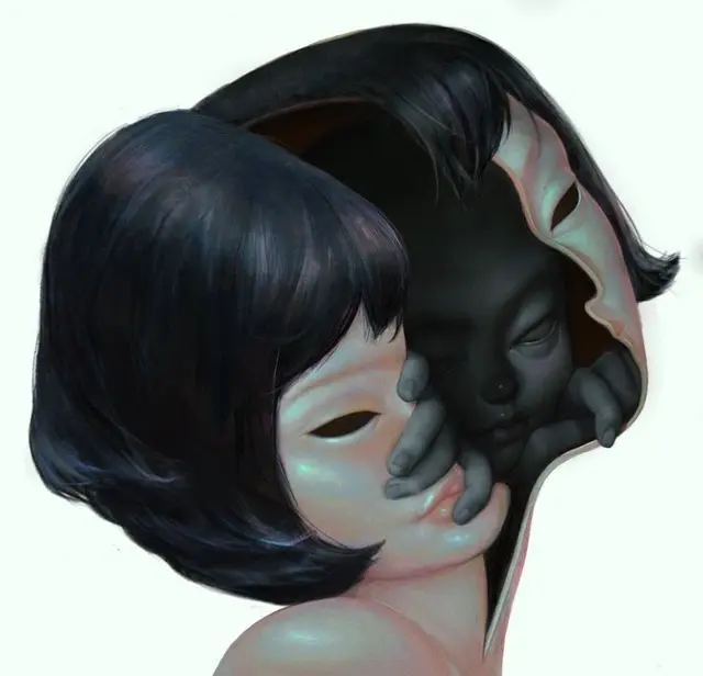 Porcelain Mask Peeling to Reveal Dark Inner Face — Surreal Digital Painting