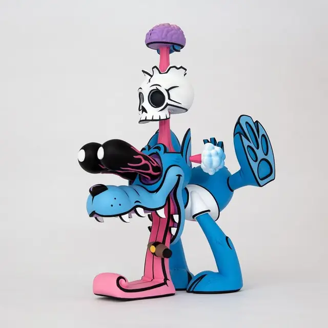 Split-open blue wolf designer vinyl toy with skull and exposed brain