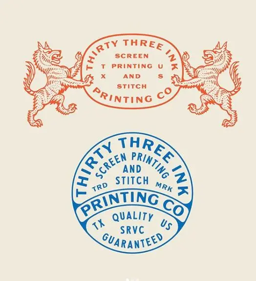 Two vintage printing company seals — red heraldic wolves and blue circular badge