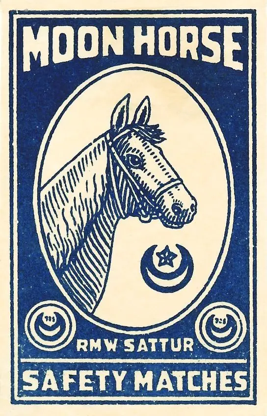 Moon Horse vintage matchbox label — horse head emblem