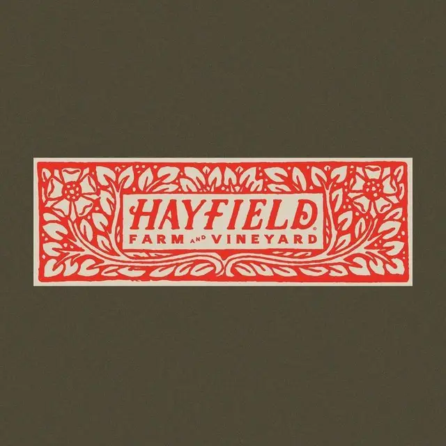 Hayfield Farm and Vineyard — letterpress label with red floral border