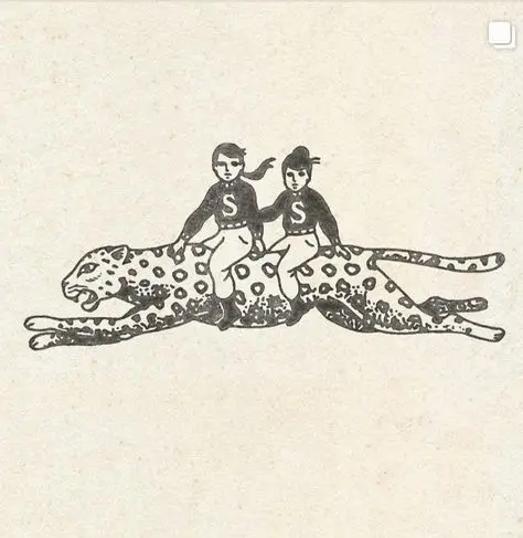 Vintage ink illustration — two riders on a leaping spotted big cat (sweaters with 'S')