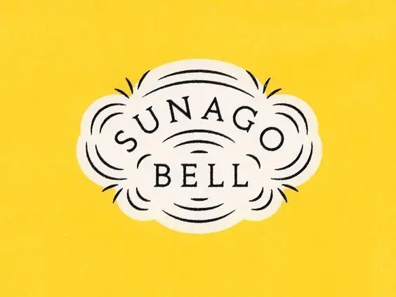 Vintage cloud-shaped logo reading "SUNAGO BELL" on bright yellow background