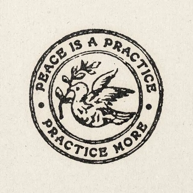 Vintage rubber-stamp emblem: dove with olive branch and slogan