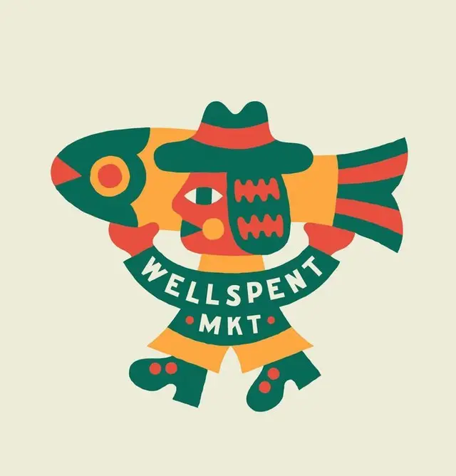 Wellspent MKT fish mascot logo — retro flat illustration