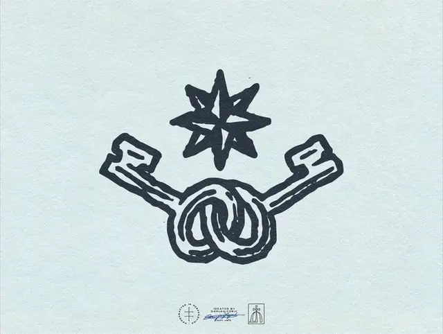Hand-drawn knot emblem with eight-pointed star on pale blue textured paper