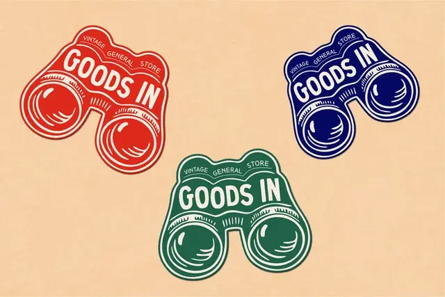 Three vintage binocular badge logos reading 'GOODS IN' on beige paper