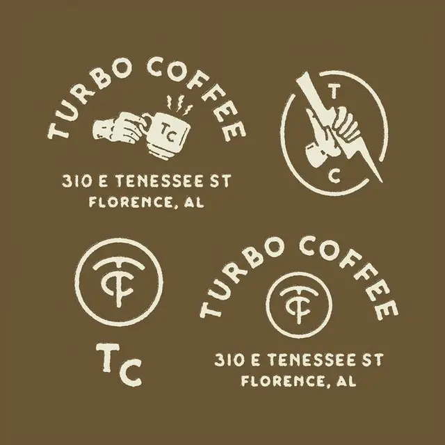 Turbo Coffee vintage badge logo sheet — cream on brown (Florence, AL)