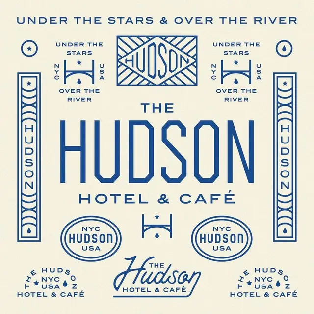 The Hudson Hotel & Café — logo and badge sheet (navy on cream)