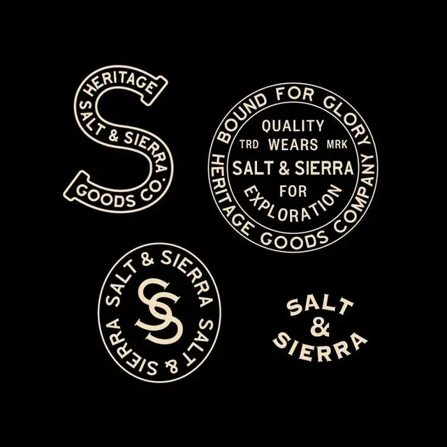 Salt & Sierra vintage badge logo set — cream-on-black monogram and round stamps
