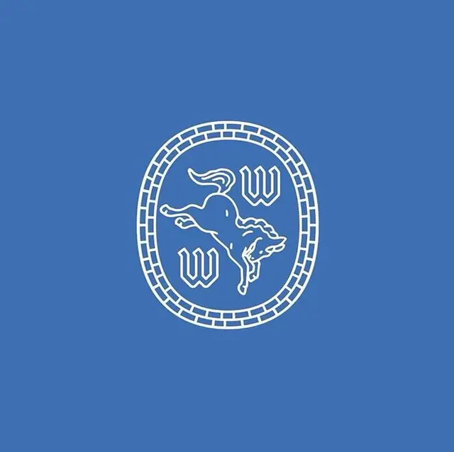 White line-art horse emblem with braided oval on blue background