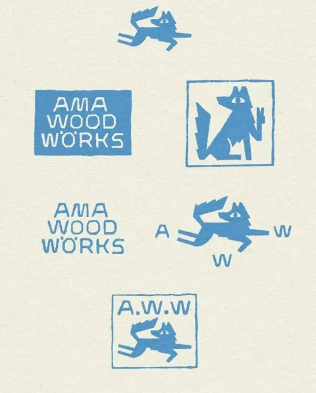 AMA Wood Works — blue fox logo / stamp variations
