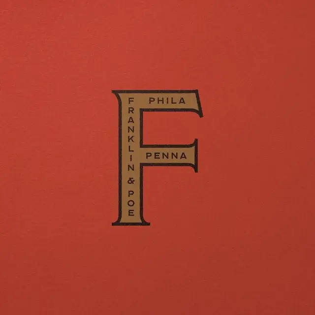 Vintage serif monogram 'F' with 'FRANKLIN & POE' on textured red stock